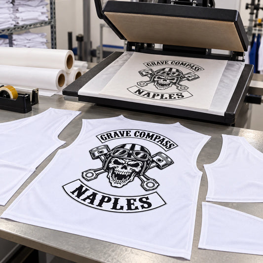 Custom motorcycle club full-sublimation rally shirt shown for cut-and-sew dye sublimation.