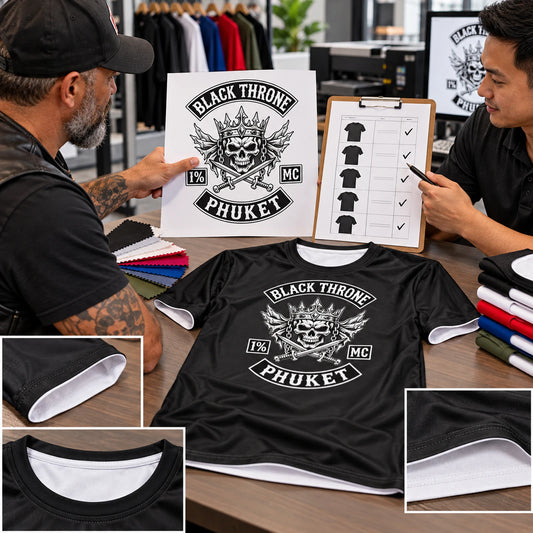 Custom motorcycle club approved shirt mockup and order sheet shown for confirm quote, size breakdown and design.