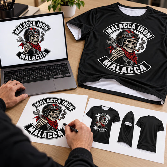 Custom motorcycle club blank black performance shirt and artwork sheet shown for send authorized club artwork.