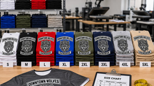Custom motorcycle club short- and long-sleeve shirts in multiple sizes shown for mixed sizes and bulk chapter coordination.