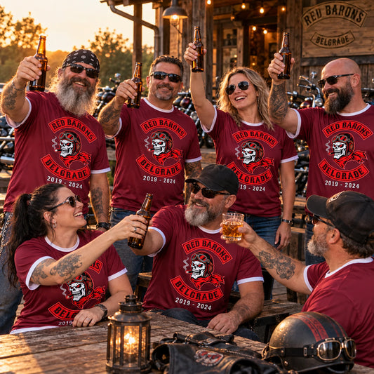 Custom motorcycle club coordinated anniversary shirts shown for approved anniversary commemorative apparel.