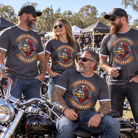 Custom motorcycle club matching performance shirts shown for regional motorcycle gathering apparel.