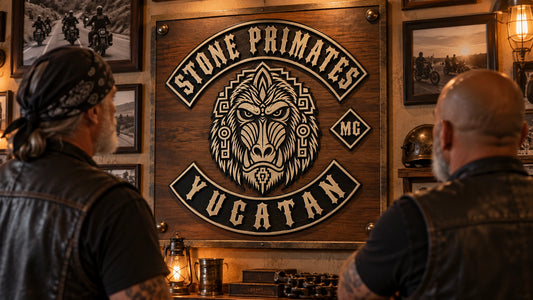 Motorcycle club members viewing a permanent custom heritage plaque on a clubhouse wall.