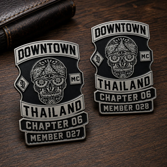 Chapter information and member number featuring a custom metal motorcycle club badge made with an approved club logo.
