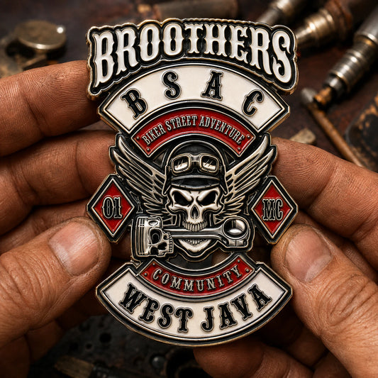 Club logo and member or officer title featuring a custom metal motorcycle club badge made with an approved club logo.