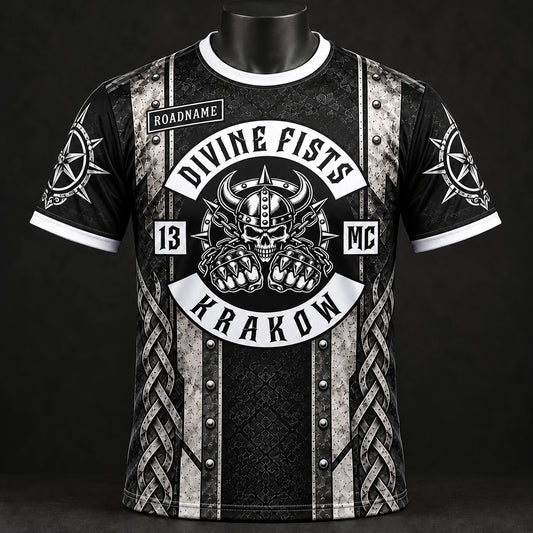 Front view of a personalized motorcycle club performance shirt with member and chapter details.