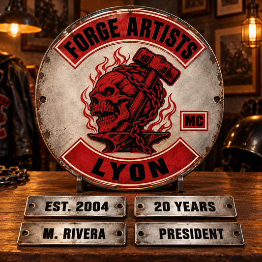 Personalized motorcycle club sign featuring chapter year member name and officer title details.
