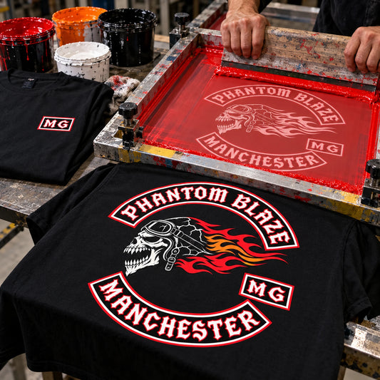 Phantom Blaze club artwork being screen printed onto the back of a black short-sleeve T-shirt.