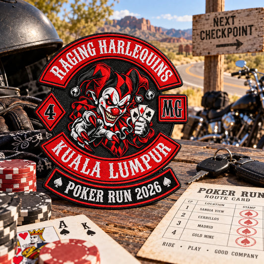 Custom motorcycle club event patch featuring the dust rangers albuquerque logo for poker run checkpoints and route card.