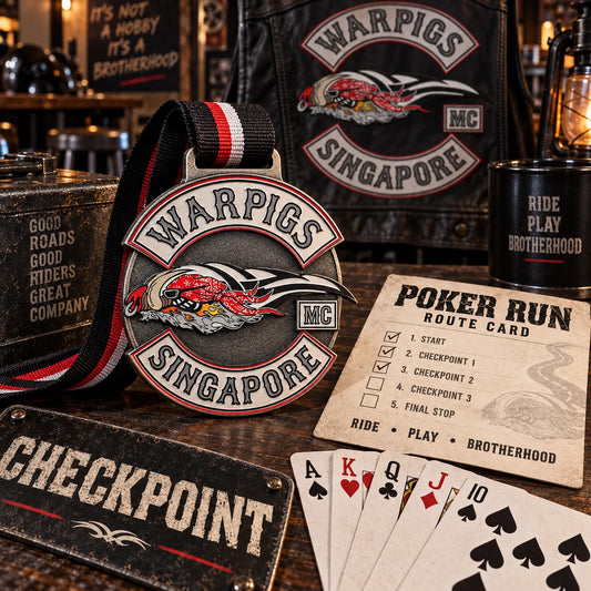 Poker run checkpoint table with solid event medal, route card and playing cards. Custom motorcycle club medal.