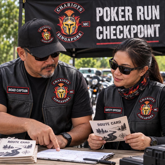 Road crew wearing coordinated officer patches at a motorcycle poker run checkpoint.