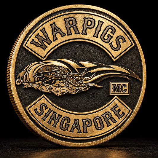 Polished gold motorcycle club challenge coin with controlled reflections.