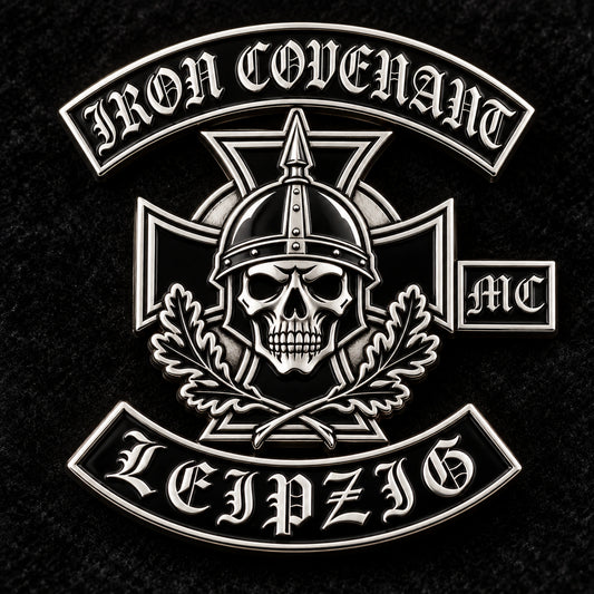 IRON COVENANT sculpted pin with bright polished silver raised surfaces on black velvet.