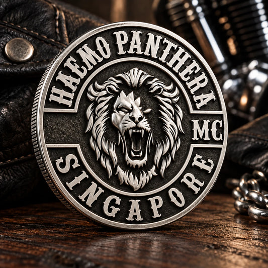 Polished silver motorcycle club challenge coin with premium reflections.