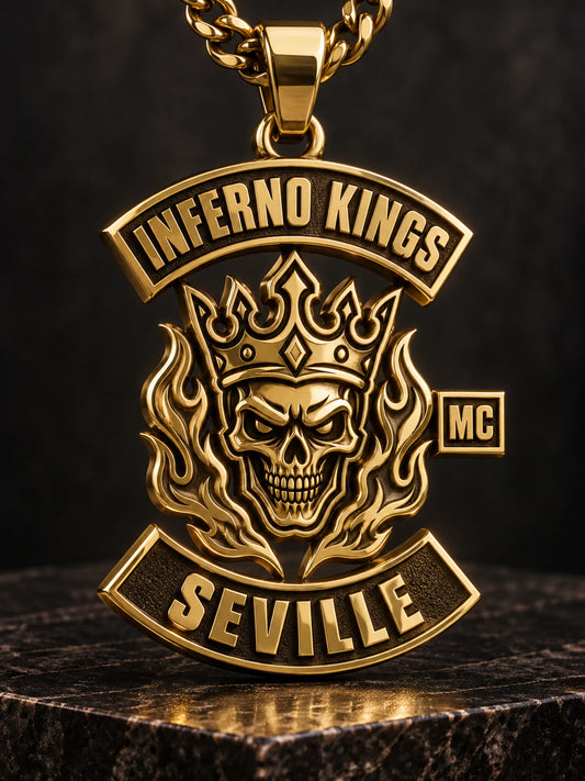 Polished solid brass Inferno Kings motorcycle club pendant.