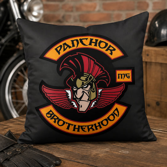 Smooth polyester motorcycle club cushion showing detailed custom artwork.