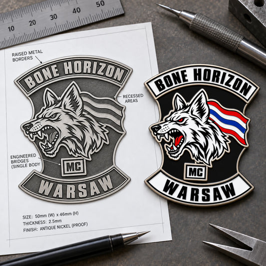 Motorcycle club logo converted into a manufacturable two-level pin layout.