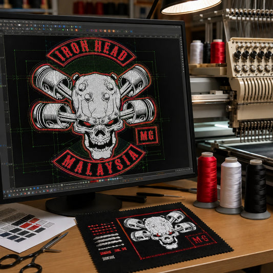 Motorcycle club logo prepared as an embroidery file with stitch paths and a test swatch.