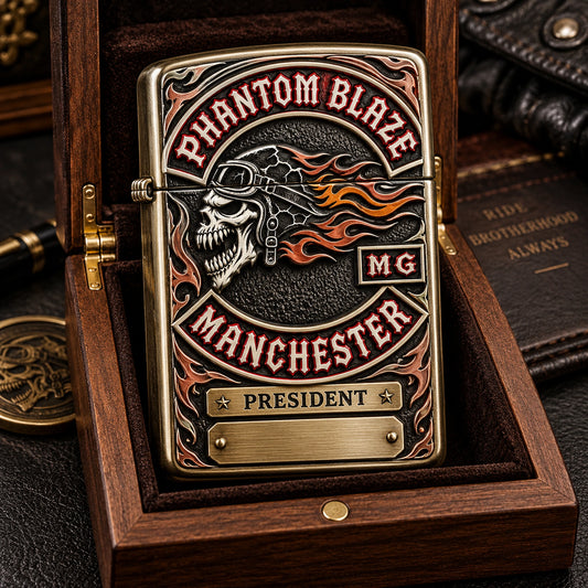 President and founder edition motorcycle club lighter in a presentation case with personalized metal title plate.