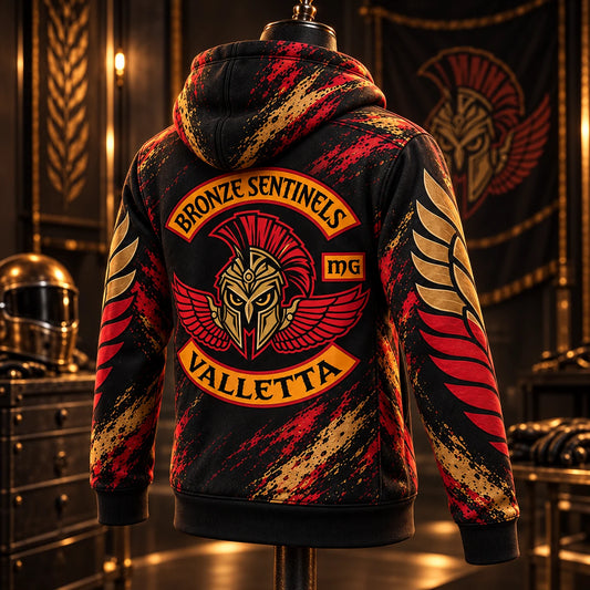 Single rear three-quarter view showing printed hood and side panels on a Bronze Sentinels Valletta motorcycle club hoodie.