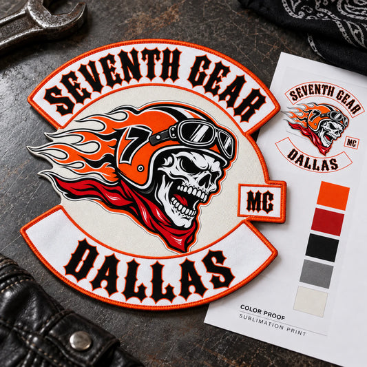 Custom motorcycle club event patch featuring the seventh gear dallas logo for printed gradient construction.