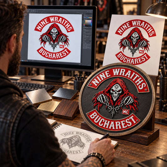 Free motorcycle club plaque design proof with material samples.