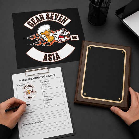 Motorcycle club logo and plaque requirements prepared for custom design.