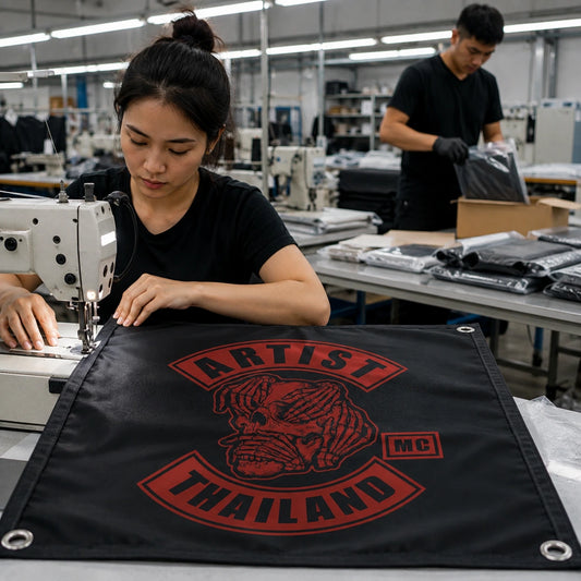 A custom diamond club flag moves from careful sewing to protective packing on a professional production floor.