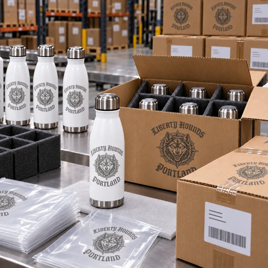 finished logo bottles inspected and packed in protective cartons for worldwide shipping for a motorcycle club.