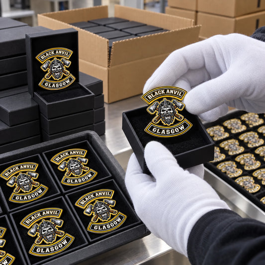 Black Anvil Glasgow custom 3D pins being inspected and packed for worldwide shipping