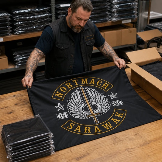Motorcycle club members use a custom rectangular flag for production & worldwide shipping in a realistic American V-twin setting.