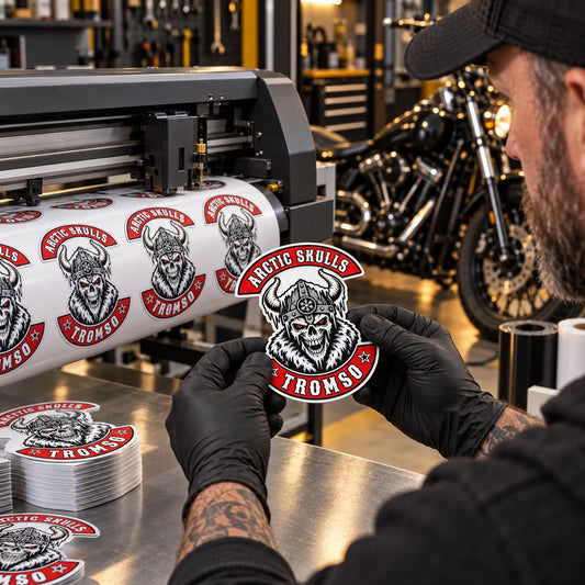 Quality inspector checking motorcycle club stickers beside a professional vinyl printer and contour cutter.