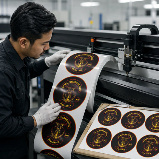 Quality inspector checking motorcycle club stickers beside a professional vinyl printer and contour cutter.