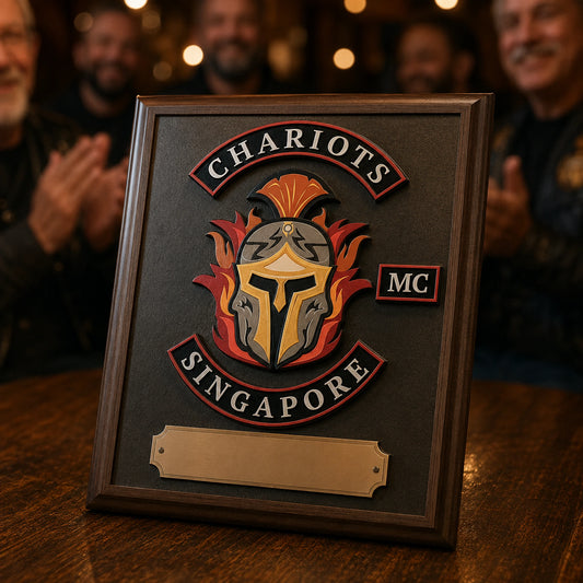 Lifetime brotherhood motorcycle club plaque honoring years of club service.