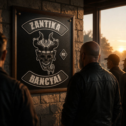 Respectful motorcycle club memorial plaque displayed during a remembrance gathering.