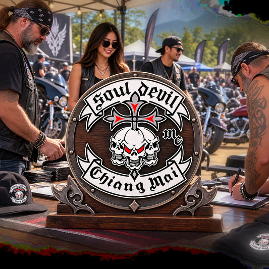 Custom motorcycle rally commemorative plaque with approved club artwork.