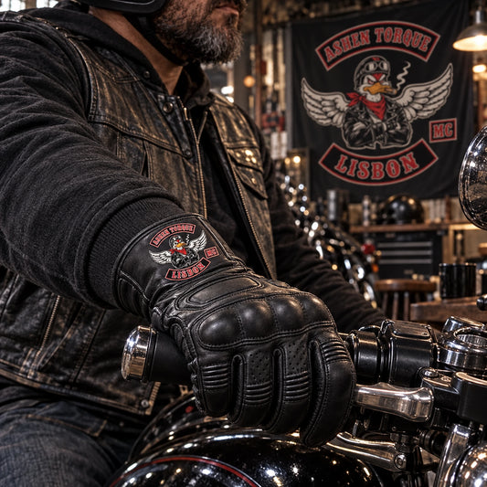 custom leather gloves designed for motorcycle club riders.