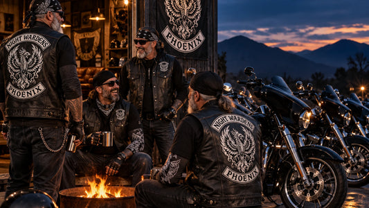 Motorcycle club members wearing coordinated rider accessories before an evening ride.