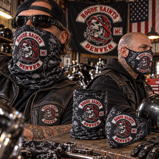 skull pattern riding masks designed for motorcycle club riders.
