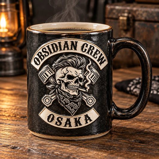 Complete sculptural ceramic mug with the supplied club emblem interpreted as a faithful raised relief medallion, dramatic raking light.
