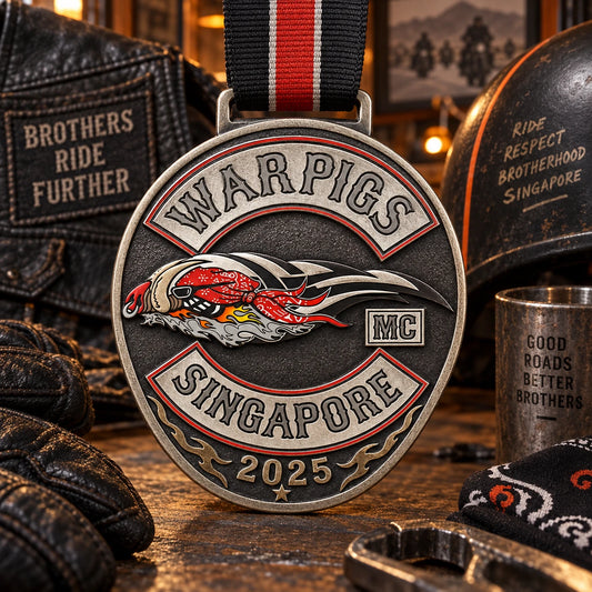 Antique-silver annual rally medal with year and chapter identity. Custom motorcycle club medal.