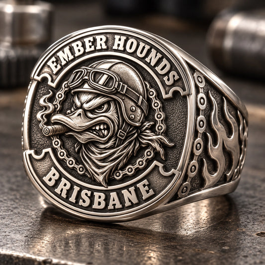 Recessed Lettering designed from an authorized motorcycle club emblem in White Copper natural metal tones.