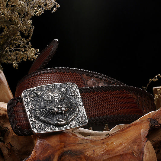 Reclining Tiger Silver Crocodile Leather Biker Belt — detail view 1