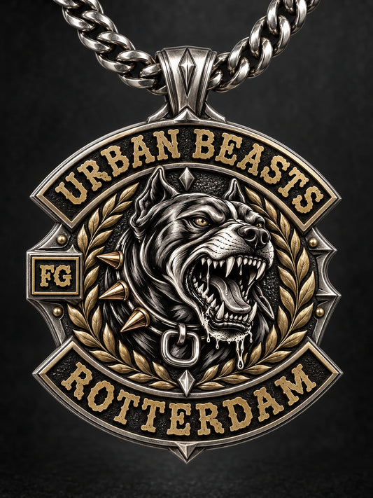 Urban Beasts Rotterdam motorcycle club recognition pendant with a connected award-style frame, centered bail and complete chain.