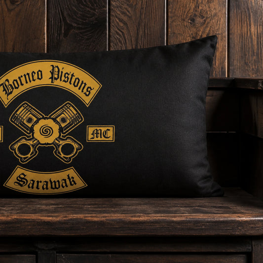Rectangular motorcycle club lumbar cushion displaying wide chapter artwork.