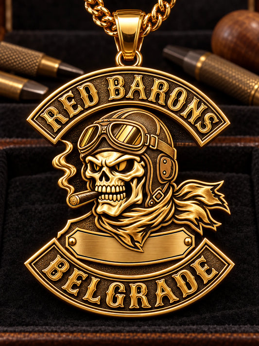 Red Barons gold-plated club pendant concept with a personalized member detail area.