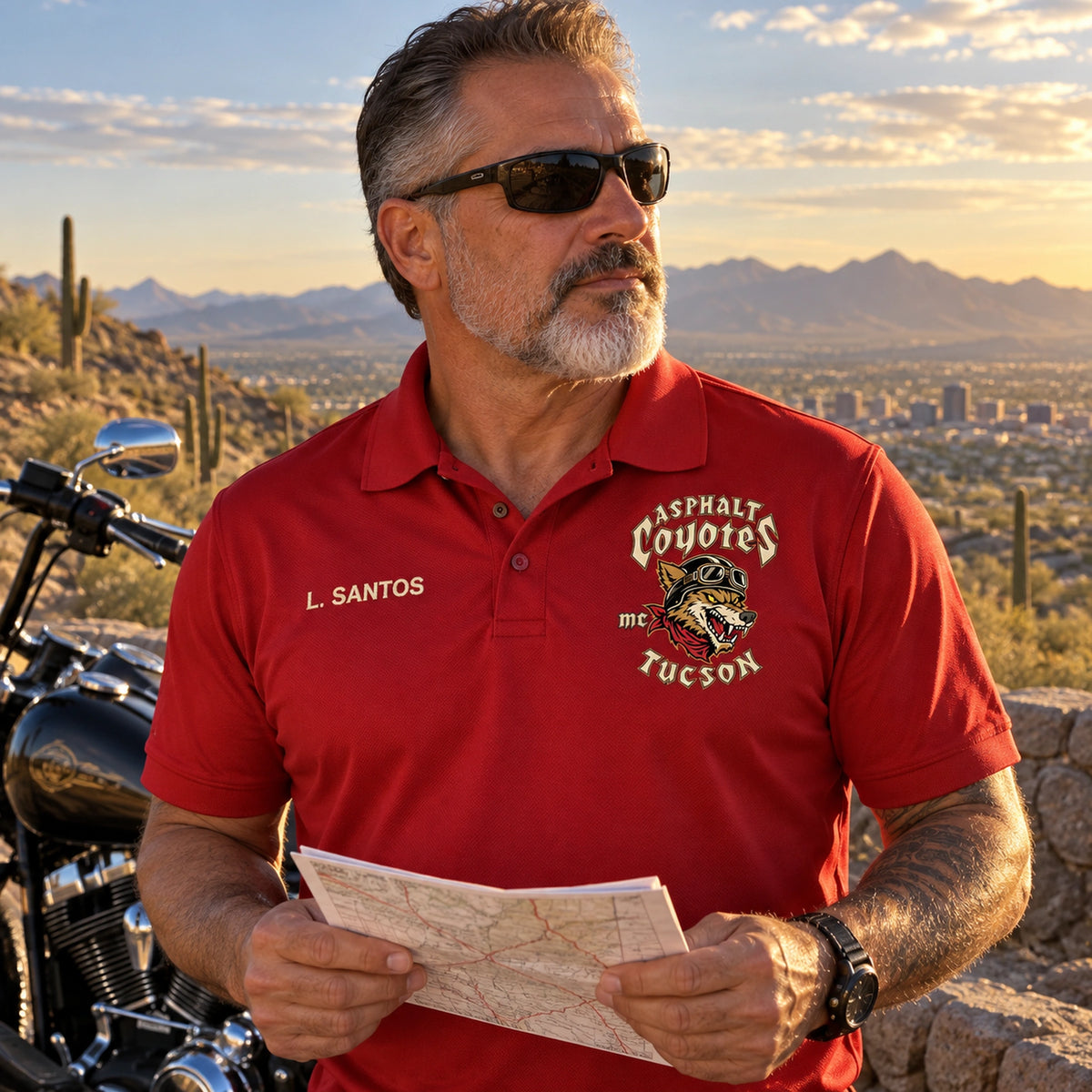 An Asphalt Coyotes Tucson rider wears a red polo with club emblem and member name while consulting a route sheet.