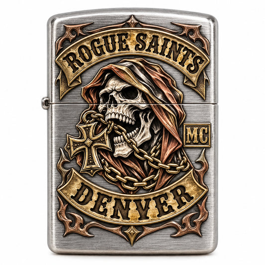 Red copper motorcycle club lighter with authorized club-logo relief and sculpted border