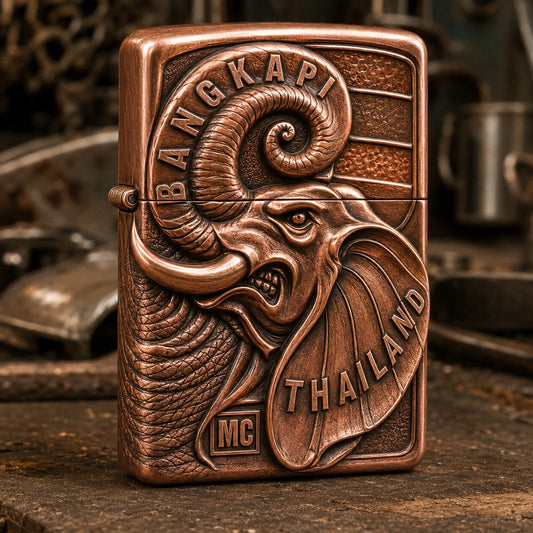 Red copper motorcycle club lighter with authorized club-logo relief and sculpted border