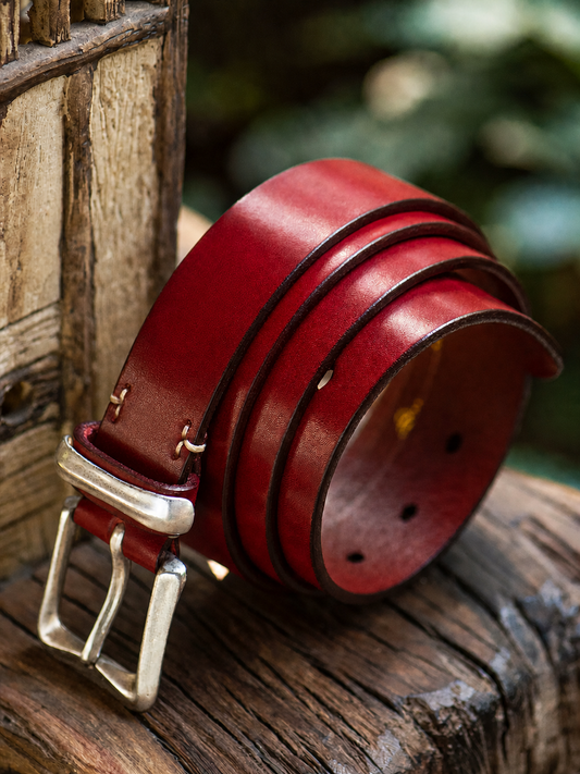 Red Heritage Full-Grain Leather Biker Belt with Brass Buckle – Complete red heritage belt